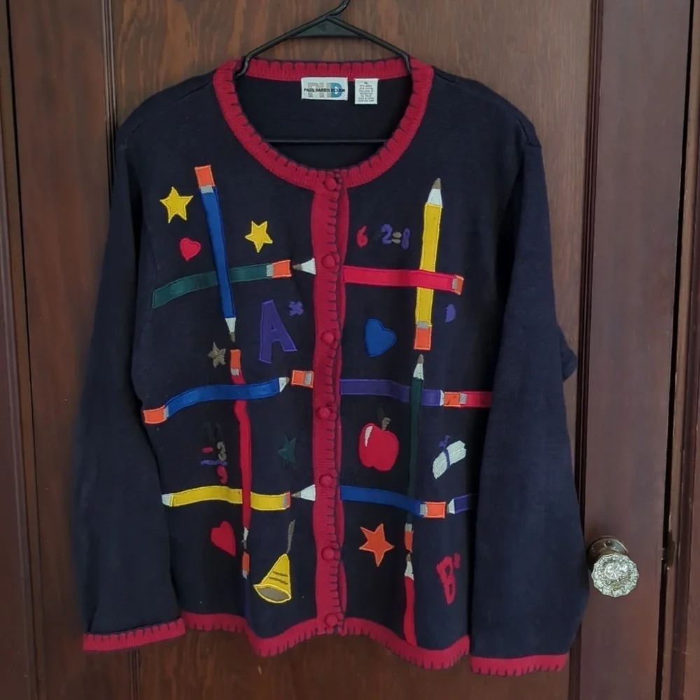 PHD Paul Harris Design Vintage Teacher School Button Front Cardigan Size XL